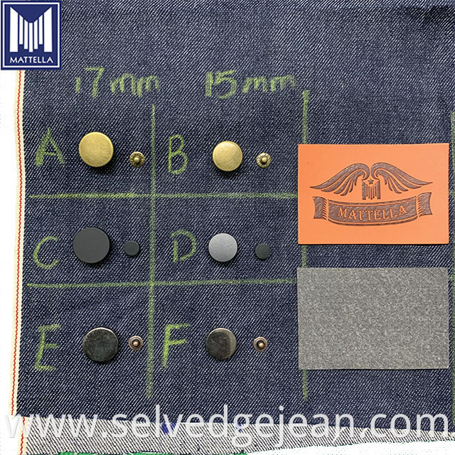 OEM customized available japanese selvedge denim brass copper rivets buttons leather patch denim jeans jackets accessories